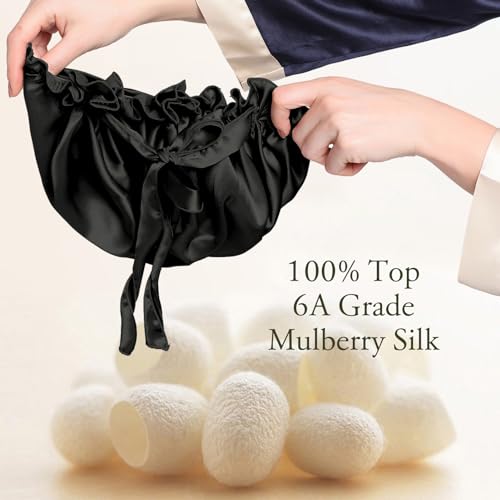 LilySilk Silk Bonnet for Sleeping Womens Sleep Cap 100% 19MM Mulberry Silk for Long Curly Hair Adjustable Stretchy Black