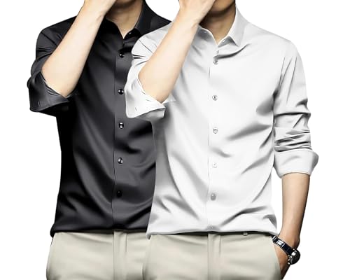 Image of DEELMO Combo of Men's Stylish Solid Satin Casual Shirt for Men Full Sleeves| Poly Satin Silk Shirt Pack of 2