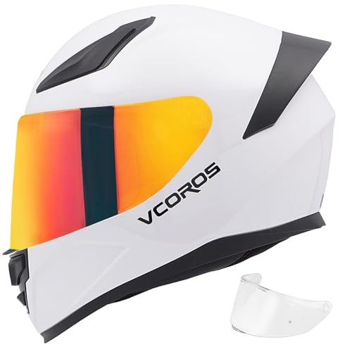 VCOROS Casco Integral de Motocicleta Unisex WS-609 con Certificación Dot, para Calle y Bicicleta, Blanco Brillante, L