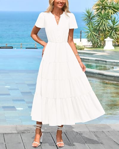 PRETTYGARDEN Women Summer Midi Dresses 2025 Casual Short Sleeve V Neck Belted Tiered Ruffle Vacation Dress with Pockets2