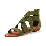 DREAM PAIRS Women's Elastica8 Army Green Elastic Ankle Strap Low Wedges Sandals Size 7 M US