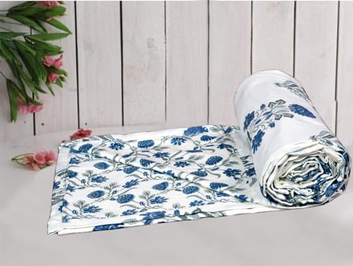Trance Home Linen Premium 100% Cotton Dohar for Double Bed | 150 GSM | Reversible Ac Comforter | Light Weight All Season Soft Blanket (84x90 Inches | Aangan Blue White)