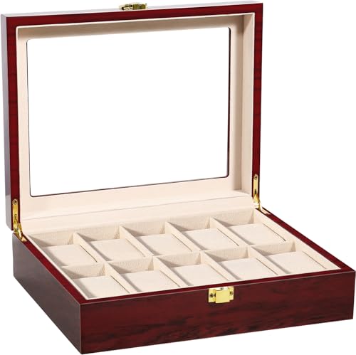 Uten Caja de Relojes de 10 Ranuras, Caja de madera para Reloj Ventana Transparente con Almohada Extraíble, Cierre de Metal, Marrón Rojo Watch Box