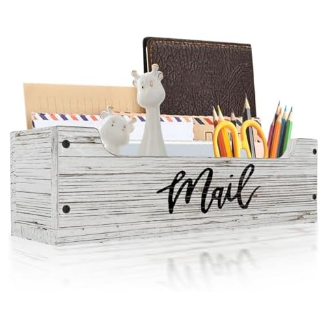 KISENG White Wooden Mail Organizer Countertop (Retro White+Black) Cover