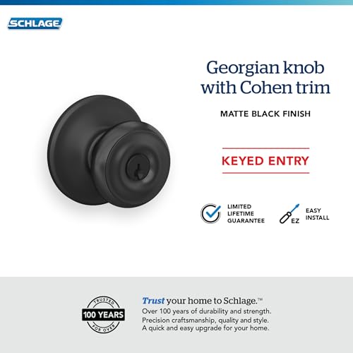 Image of Schlage F51A GEO 622 COH Georgian Door Knob with Cohen Trim, Keyed Entry Lock, Matte Black