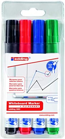 edding 660 whiteboard marker set - multi-coloured - 4 whiteboard pens - round nib 1.5-3 mm - whiteboard pen dry wipe - for whiteboards, flipcharts, magnetic, memo boards - sketchnotes - refillable