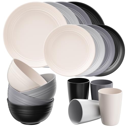 Quatish 16 Pcs Unbreakable Plates and Bowls Plastic Dinnerware Sets for 4 Reusable Dish Set for Camping Dishwasher Microwave Safe Outdoor Kitchen and Apartment Dinning RV Essentials Grey