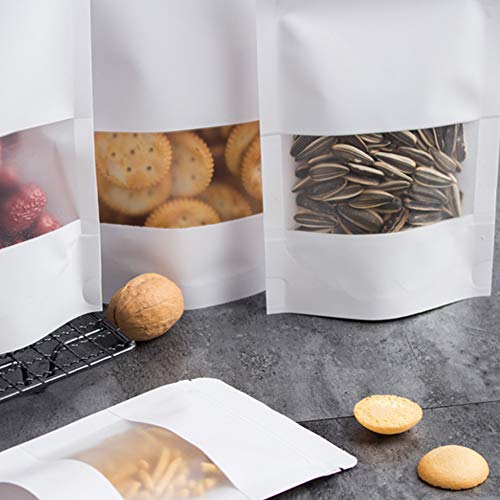 QQ Studio 5.5MIL Thick White Kraft Paper Window Stand-up Resealable QuickQlick Bag Set For Bake Sale, Gifting and Pantry Organization (5 Sizes Assortment Pack with Stickers)