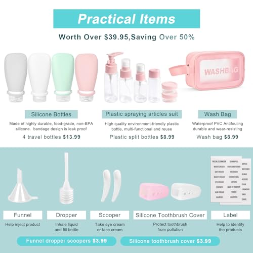18 Pcs Travel Bottles for Toiletries Gym TSA Approved, Leak Proof with Bandage Silicone Squeezable 3oz for Toner Shampoo Conditioner Lotion Body Wash with Toothbrush Cover Tag and Wash Bag