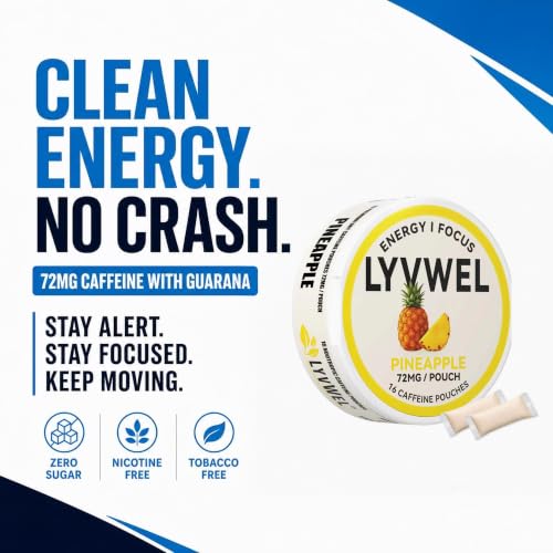 Image of LyvWel 72mg Caffeine Energy Pouches - Pineapple Crush - Clean Tropical Energy with Guarana - 5-Pack (80 Total Pouches)
