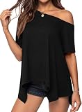 PRETTYGARDEN Womens Off the Shoulder Summer Tops Short Sleeve Tunic Blouse 2026 Casual Spring Asymmetrical Oversized Tshirts (Black,Small)