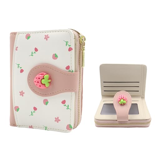 Cute Wallets for Women, Bifold Credit Card Holder, Small Leather Wallet with Coin Pouch, Pink Coin Purse with Strawberry, Ideal Gift for Adult, Women, Ladies (Strawberry)