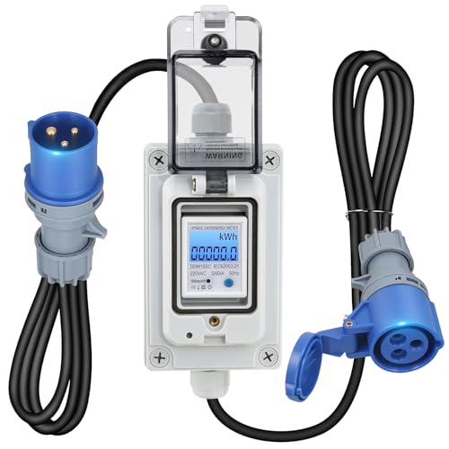 Mobile Digital Electricity Meter 230V 16A with Leakage Protection, IP67 Waterproof & Power-Off Memory – Energy Monitor for Motorhomes, EVs, Boats, Outdoor/Indoor Use