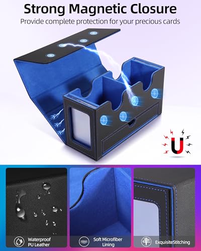 MTG Deck Box, MTG Commander Card Deck Box with Commander Display, Fits 320+ Single Sleeved, Double Card Storage Box with Dice Tray, Magnetic Card Storage Case for CCG TCG Sports Cards, Black Blue