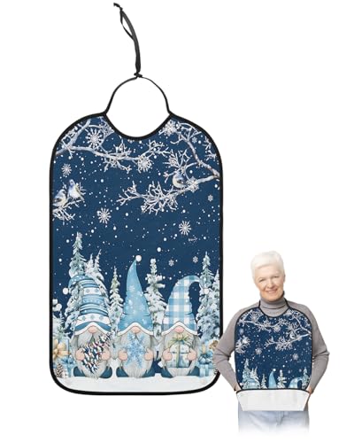 Jolunifun Christmas Adult Bib for Adults Men, Women, Washable & Adjustable Terry Cloth Bib with Crumb Catcher Reusable Waterproof Clothing Clothes Protector Apron Forest Winter Gnomes Snowflake Blue