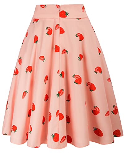 Belle Poque Women's Midi Skirt High Waisted A Line Skirt Pink Strawberry, Large - Thumbnail 2