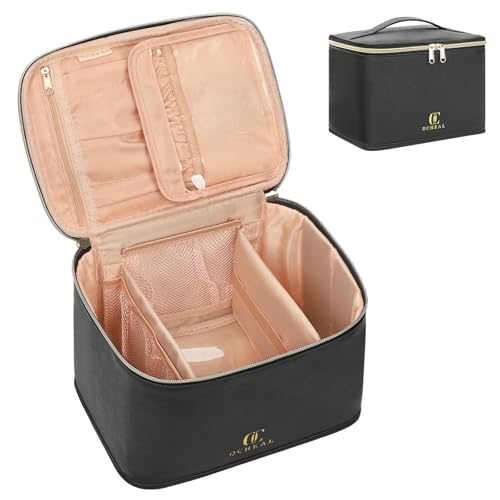OCHEAL Travel Makeup Bag, Cosmetic Bags for Women Makeup Case Organizer Large Capacity Travel Toiletry Bag Storage Bags with Divider and Handle for Cosmetics Toiletries Brushes Tools-Large, Black