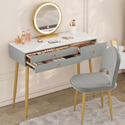 WOLTU Schminktisch mit Spiegel, Beleuchtung, Hocker, Schminktischstuhl aus Samt, modernes Frisiertisch Grau-Gold, mit 3 Schubladen, Einfach zu montieren, Make-up Tisch Schreibtisch für Schlafzimmer