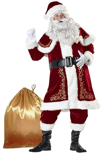 GEMVIE Men's Santa Claus Costume Adult Deluxe Christmas Costume Santa Outfit Xams Party Cosplay Santa Suit 11pcs Set