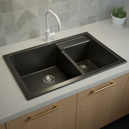 Image of EVANEX Quartz Kitchen Sink | 31x18x9 Inch Double Bowl Sink for Kitchen | Granite Topmount /Undermount Kitchen Sinks | Black Double Sink with Connector, Waste Pipe, Coupling and Drain Basket