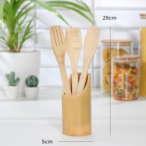 Kit Utensílio De Bambu 5 Peças 29cm Com Suporte Em Madeira Para Cozinha Conjunto De Peças Versáteis
