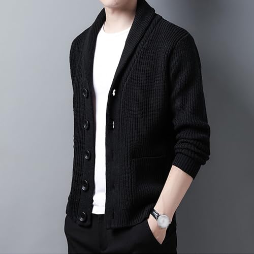 Mens Shawl Collar Cardigan Sweater Long Sleeve Button Cable Knit Men Sweaters Loose Fit Casual Ribbed Knit Cardigans (Black,X-Large)3