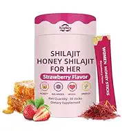 Shilajit Honey Sticks for Women, 75%+ Fulvic Acid, 85+ Trace Minerals, Hormone Balance, Energy, Focus, Mood Booster, Himalayan Shilajit, Shatavari, Saffron, Strawberry-Flavored, 30 Sticks