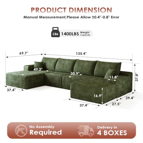 Image of Boneless Couch, Modular Sectional Couches for Living Room, U-Shaped Cloud Couch Sofa with Deep Seat, Fluffy Corduroy Upholstered Corner Sofa