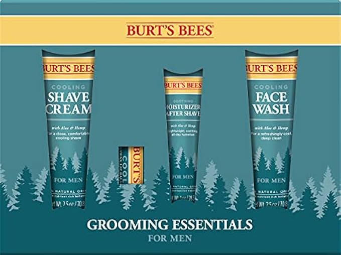 Burt's Bees Gifts, 4 Products for Men, Grooming Essentials Kit - Cooling Face Wash, Shave Cream Soothing Moisturizer, After Shave & Original Beeswax Lip Balm