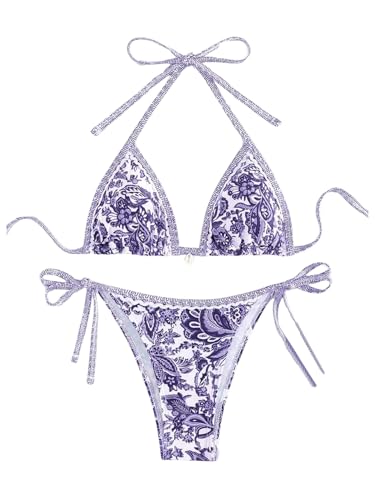 Image of BYFINECANY Women's Floral Printed Bathing Suit Halter Paisley Summer Swimsuit Bikinis Set