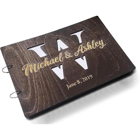 Just Customized Personalized Handmade Mr Mrs Wedding Guest Book for Bride and Groom Wood Alternative Custom Engraved Newlywed Marriage Album (Chocolate Walnut) Cover