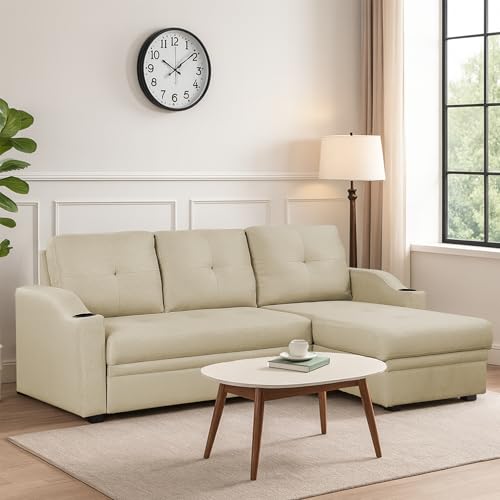 Image of Casaliving Ravonna RHS 4 Seater L Shape Corner Sofa Cum Bed for Living Room (Cream Fabric) Premium Fabric Sofa