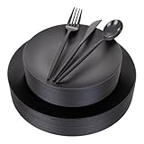 EI 150pcs Black Plastic Plates Frosted Plastic Plate,Premium Heavy Duty Black Plastic Plates,Black Disposable Plates with Plastic Silverware,10.25