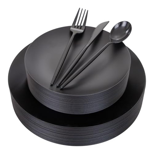 EI 150pcs Black Plastic Plates Frosted Plastic Plate,Premium Heavy Duty Black Plastic Plates,Black Disposable Plates with Black Plastic Silverware,10.25" Dinner Plates and 7.5" Dessert Plate