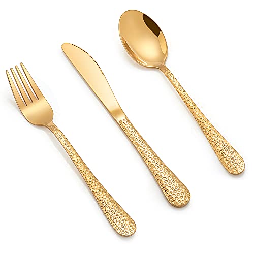 Lianyu 12-Piece Kids Gold Silverware Set, Stainless Steel Toddler Utensils, Hammered Metal Preschooler Flatware Cutlery Set, Children Tableware Includes Knives Forks Spoons, Dishwasher Safe #TOP6