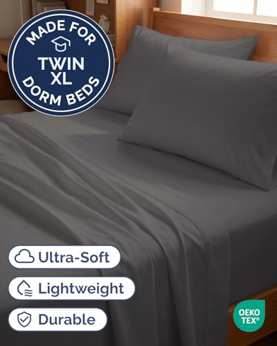 Image of Twin XL 4 Piece Sheet Set - College Dorm Room Essentials - Dark Grey | Ultra Soft Dorm Bedding Set, 8 inch to 16 inch Inch Deep Pockets, 1 Flat & 1 Fitted Sheet & 2 Pillowcases, Wrinkle & Fade Free