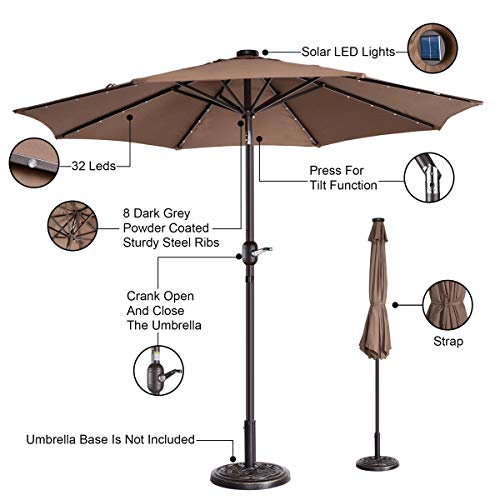 Villacera 83-Out5421 9' Led Lighted Outdoor Patio 8 Steel Ribs And Push Button Tilt, Solar Powered Market Umbrella, Brown #TOP2