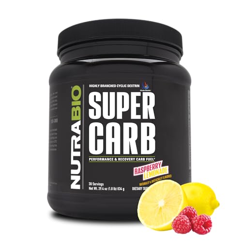 NutraBio Super Carb Carbohydrate Powder with Cluster Dextrin & Electrolytes Advanced Carb Supplement Powder for Workout Fuel Performance and Muscle Recovery Cyclic Dextrin Raspberry Lemonade 30 Sv