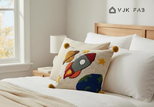Image of Cotton Fabric Embroidered Kids Cushion Cover for Sofa Set /Diwan Beds 16 x 16 Inches or 40x40 cms Rocket Planet Space Theme Cushion Cover Only, Set of 1 Pc
