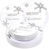 WDF 50Pieces Christmas Silver Plastic Plates- Snowflake Plastic Plates-Heavyweight White and Silver Disposable Plates for Christmas