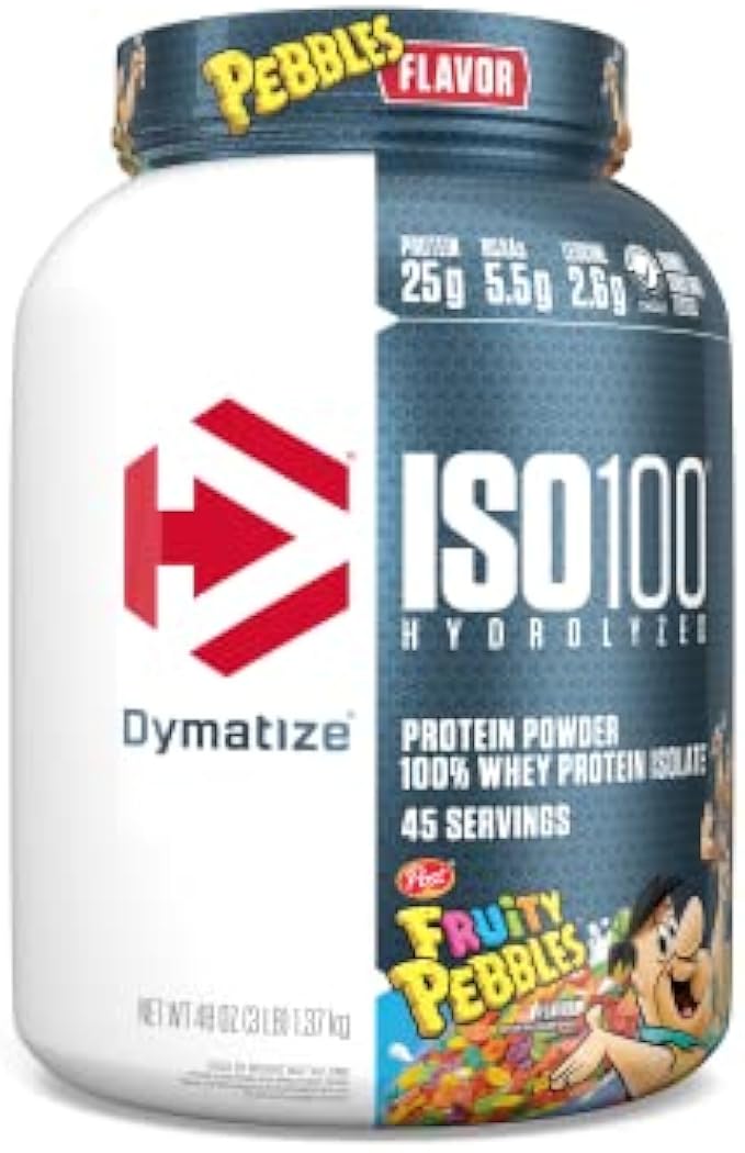 Dymatize ISO100 Hydrolyzed Protein Powder, 100% Whey Isolate , 25g of Protein, 5.5g BCAAs, Gluten Free, Fast Absorbing, Easy Digesting, Fruity Pebbles, 3 Pound