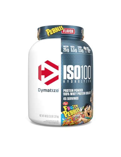 Dymatize ISO100 Hydrolyzed Protein Powder, 100% Whey Isolate, 25g of Protein, 5.5g BCAAs, Gluten Free, Fast Absorbing, Easy Digesting, Fruity Pebbles, 3 Pound