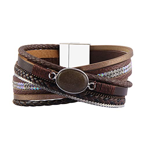 GelConnie Agate Leather Cuff Bracelet Multi Strand Boho Bracelet Casual Magnetic Wrap Bracelet Handmade Jewelry for Women, Wife LPB294-brown