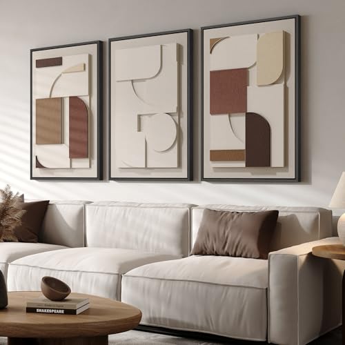 Framed Large 3D Textured Wall Art for Living Room, Brown and Tan Geometric Texture Artwork for Walls, 3 Piece Neutral Modern 3D Sandstone Art Painting for Hallway Office Kitchen Wall Decor, 24x36 Inch
