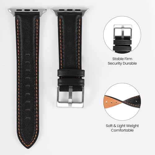 Image of Soft Genuine Leather Band for Apple Watch 49mm 46mm 45mm 44mm 42mm 38mm- Women /Men Vintage Retro Replacement Wristband Strap with Metal Buckle for iWatch Ultra 3 /2 /SE /Series 11 /10 /9 /8 /7 /6 /5 /4 /3 /2 /1