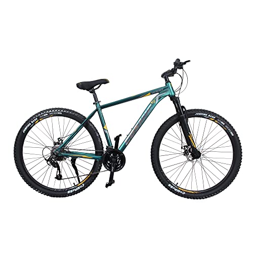Image of Cosmic Bicycle 29 3000 AL 27SPD FSLO Alloy Bicycle with Front Suspension Lock Out and Dual disc Brakes - Dark Green /Yellow