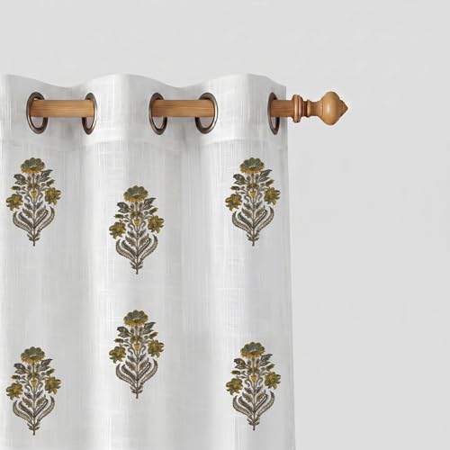 Image of LINENWALAS Decorative Cotton Linen Sheer Curtains 9 Feet for Long Door -Block Printed Door Curtain | Grommet Hanging Style Pack of 2 Panels |Light Filtering Sheer Drapes (Golden Willow)