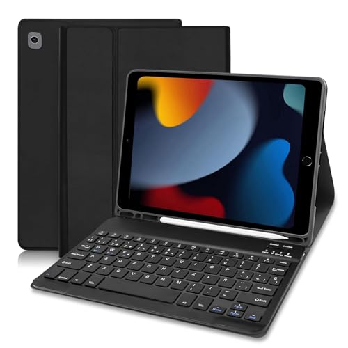 XOKUWU Funda con Teclado iPad 9/8 /7 generacion 10.2”/Air 3 10.5/Pro 10.5”, Español Ñ QWERTY Bluetooth Desmontable, Funda Teclado para iPad 10.2 9th Gen 2021/ 8th 2020/ 7th 2019, Negro