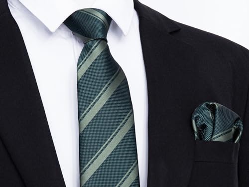 Image of Enlision Ties for Men Plaid Stripe Tie Handkerchief Woven Classic Formal Necktie Pocket Square Clip Set