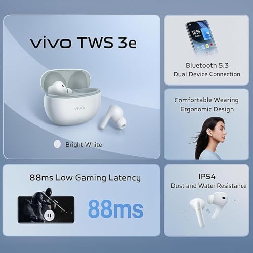 Image of Vivo TWS 3e Wireless Earbuds, Up to 42H Playtime, IP54 Water Resistant, Dual Device Connection, 3 Hours Playback in 10 Minutes, Touch Controls, 5.3 BT, 88ms Low Latency for Gaming (Bright White)